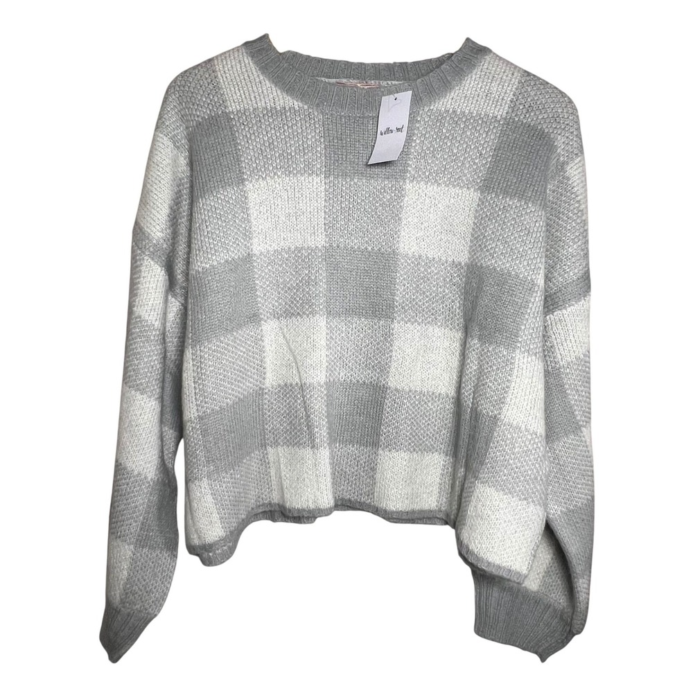 Willow Root Womens Grey White Buffalo Plaid Cropped Knit Sweater‎ L Boxy NWT